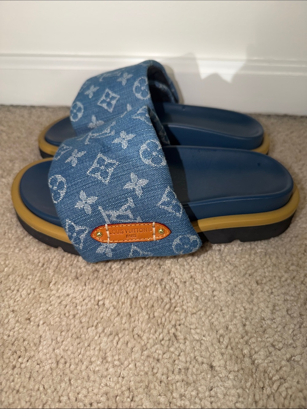 Denim Monogram Blue Slide Sandals with Tan Accent